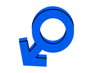 Hand drawn cute cartoon illustration of male gender sign. Flat vector men or Mars symbol sticker doodle. Masculine concept. Struggle for rights and equality icon or print. Boy arrow sign. Isolated.