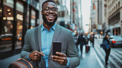 A man in a suit holding a cell phone in a busy city street