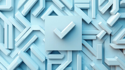 Abstract geometric background with raised blue checkmark and interconnected shapes.