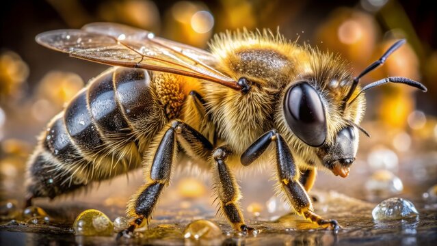 Macro shot of a honey bee's body, showcasing its furry thorax, transparent wings, and compound eyes with intricate details and textures.