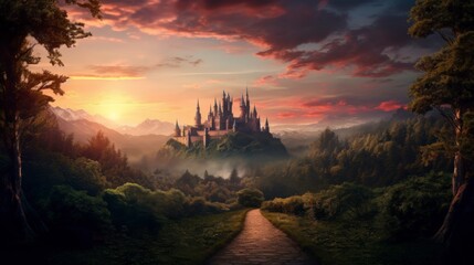 Fototapeta premium A majestic castle atop a hill at sunset, surrounded by lush forests and mountains.
