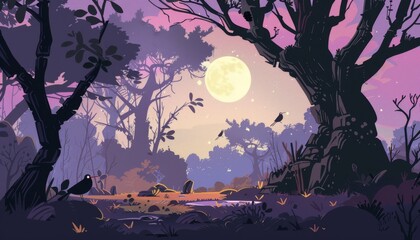 Halloween mystic forest. Enchanting twilight forest. Forest of witches. Cartoon fantasy game illustration background.