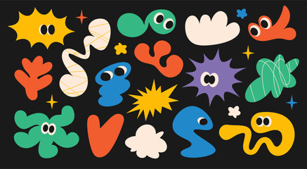 Abstract futuristic comic shapes with eyes, frame, textbox in trendy retro Groovy, Y2K style, Vintage. Colored isolated on black background label, sticker, elements. Flat Vector Illustration EPS10