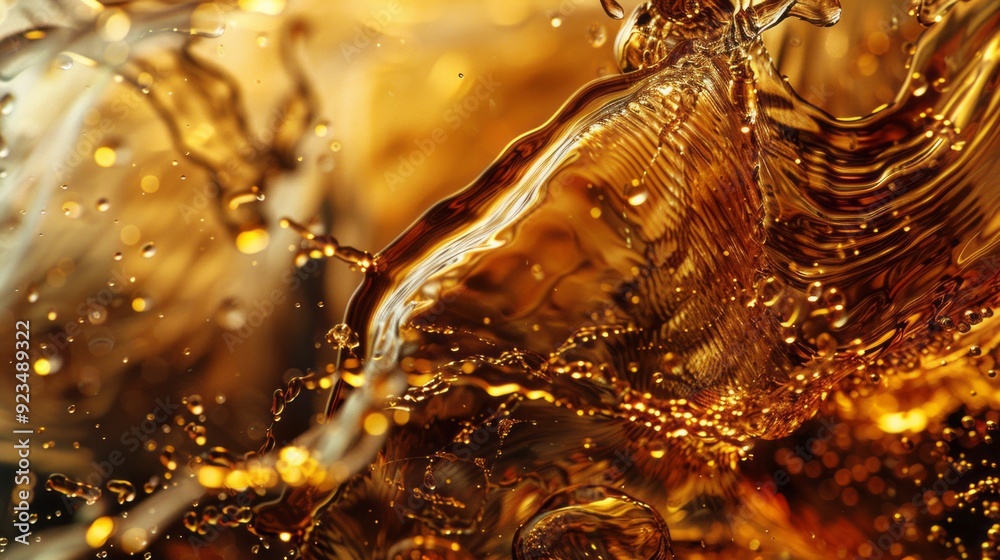 Poster golden liquid cascades and swirls, shimmering under soft light, creating a rich and dynamic texture