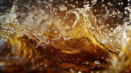 The scene reveals swirling golden waves, glistening droplets sparkling as they dance together in an enchanting embrace