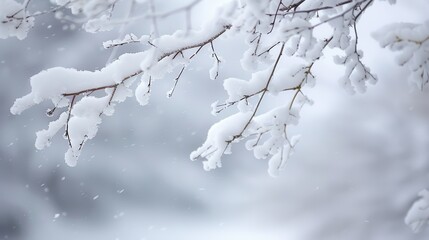 Obraz premium Snowy Branches. Winter Tree Branch Covered in White Snow in Natural Outdoor Setting
