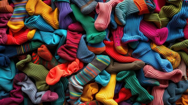 Socks. Colorful Collection of Various Knitted Jersey Socks Forming Textural Background