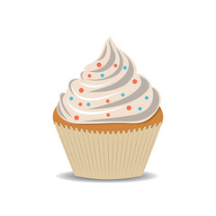 Cupcake with white cream and round sprinkles on a transparent background.