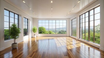 Obraz premium Minimalist interior with empty white walls, polished wooden floor, and natural light pouring in through large windows, creating a sense of calm and serenity.