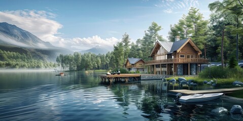 Fototapeta premium Create a 3D rendering of a serene lakeside retreat