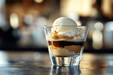 vanilla ice cream affogato in a clear glass, with espresso