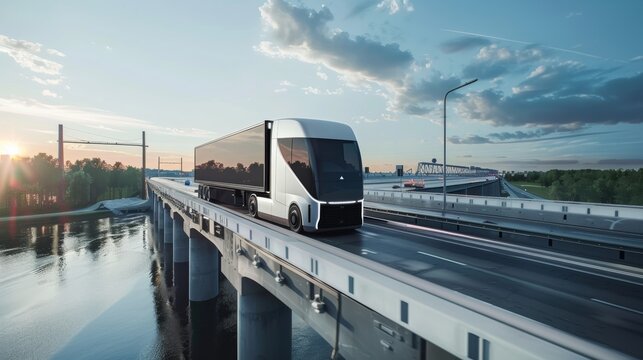 Driverless semi-trailer truck with AI-controlled trailer drives across a bridge over a river. Freight transport, future transport, AI, autonomous driving.