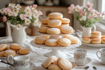 Eid mubarak arrangement featuring maamoul cookies displayed on table