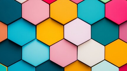 Randomly arranged hexagon tiles, each in bright and vivid colors, forming a playful and vibrant mosaic, perfect for backgrounds and creative projects