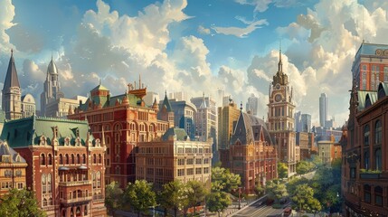 Fototapeta premium Create a city landscape featuring a blend of historic and modern architecture, highlighting how the old and new coexist