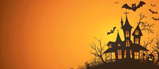 A vector illustration of a haunted house with spooky silhouettes of bats, ghosts, and pumpkins. The background is a gradient of orange and red, banner with free empty copyspace for text