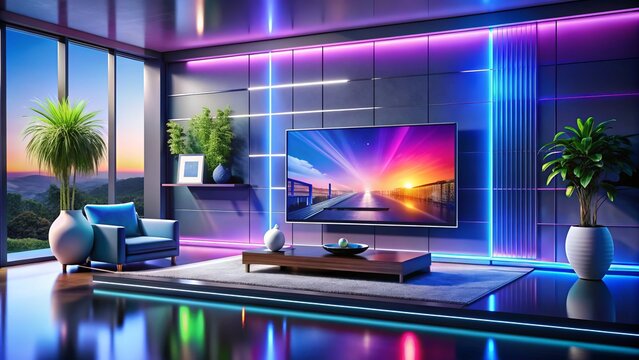 Modern virtual TV set with sleek design and vibrant colors, placed on a minimalist background, perfect for showcasing futuristic entertainment and media concepts.