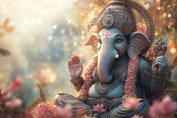 Lord ganesha idol sitting in a bed of flowers with bokeh lights