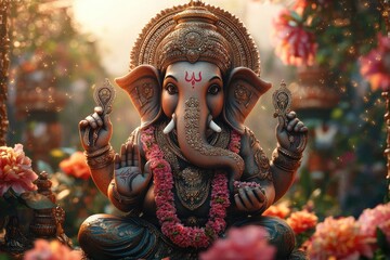 Fototapeta premium Golden ganesha statue sitting in a garden with pink flowers