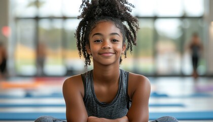 Young girl smiling while relaxing after gymnastics practice