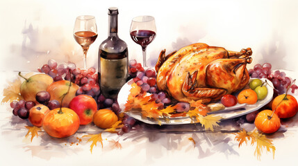 Watercolor Thanksgiving feast with traditional dishes, autumn colors, cozy atmosphere