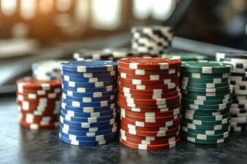 Stacks of poker chips sitting on top of table in casino
