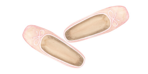 watercolor pink ballet shoes in third position,