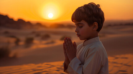 Young boy kneels in prayer in the desert, with the setting sun casting a serene and spiritual glow