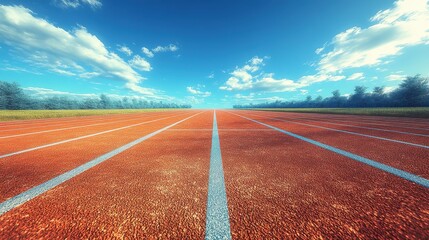Empty Outdoor Running Track Under a Clear Blue Sky with White Clouds on a Sunny Day
