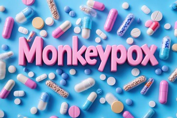 Monkeypox virus concept with pills lying on blue background