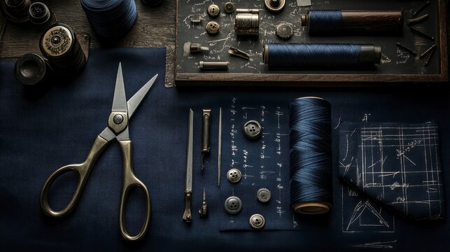 Tailor workshop with fabric, sewing tools and accessories for suit creation