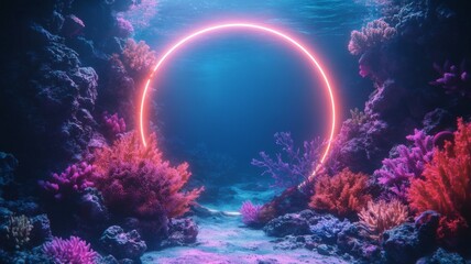 Fototapeta premium Underwater Neon Circle with Vibrant Coral Reef in Deep Ocean