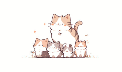Obraz premium Stack of cute kittens form pyramid on white background. Minimalistic and kawaii illustration style. Family and friendship concept. For print, sticker, card, poster, book, cover.
