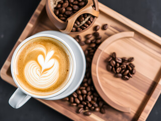 Coffee cup and coffee bean on wooden tray.