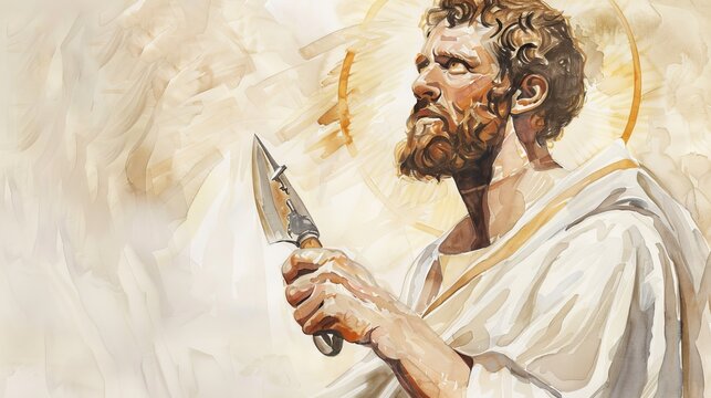 Biblical Illustration of Apostle Bartholomew with Flaying Knife Representing Martyrdom on Beige Background with Copyspace