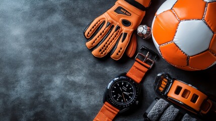 Orange and black sports equipment flat lay on grey background