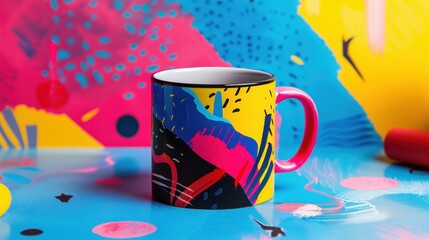 Create a coffee mug with a sporty design, featuring a dynamic pattern and bold colors