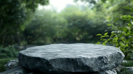 podium on rock pedestal for a product display stand, green forest and blurred on the background, natural scenery landscape. Generative ai
