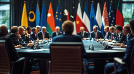 International summit with world leaders discussing global issues around a large conference table.