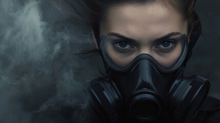 Suspenseful Close-Up Portrait of a Woman in Gas Mask: Perfect for a Modern Sports Interior Poster, Evoking Mystery Amidst Ominous Fog and Sleek Black Attire.