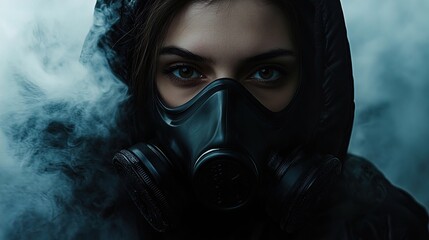 Suspenseful Close-Up Portrait of a Woman in Gas Mask: Perfect for a Modern Sports Interior Poster, Evoking Mystery Amidst Ominous Fog and Sleek Black Attire.