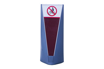 Obraz premium Stop sign or symbol Bicycle prohibition sign red white on gray plastic rod isolated on cut out PNG or transparent background. Traffic signs or symbol are rules that must be followed.