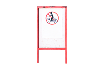 Stop sign or symbol Bicycle prohibition sign black on Plastic and white paper isolated on cut out PNG or transparent background. Traffic signs or symbol are rules that must be followed.