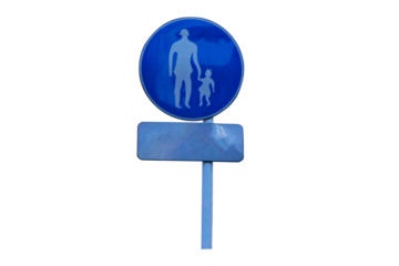 School roadside warning sign students or people crossing isolated on cut out PNG or transparent background. Symbol aluminum white, blue post about pedestrian crossing road sign traffic.