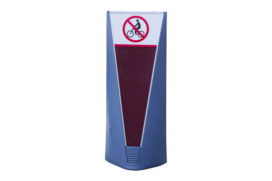 Stop sign or symbol Bicycle prohibition sign red white on gray plastic rod isolated on cut out PNG or transparent background. Traffic signs or symbol are rules that must be followed.