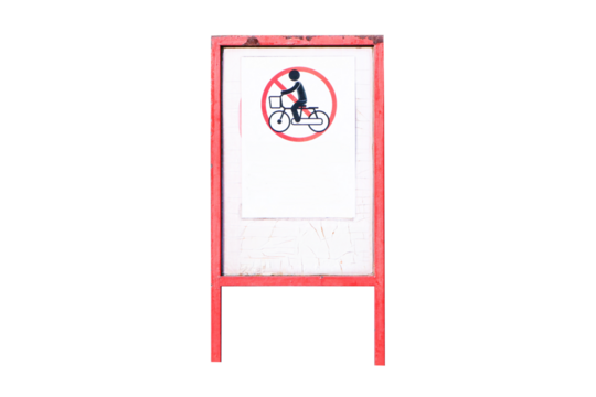 Stop sign or symbol Bicycle prohibition sign black on Plastic and white paper isolated on cut out PNG or transparent background. Traffic signs or symbol are rules that must be followed.