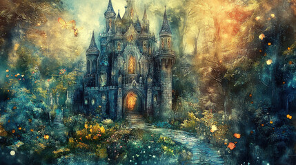 Obraz premium Intricate fairy castle depicted in a unique art style, surrounded by a dreamy fantasy garden with watercolor effects, illuminated by natural light.