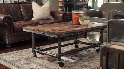 Create a coffee table with a reclaimed barn wood top and industrial metal base.