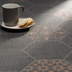 Elegant Coffee and Pastry on Decorative Tiled Surface - Cozy Morning Setting with Vintage Pattern in Soft Lighting