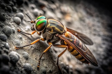 Fototapeta premium ominous high-contrast image of soldier fly on weathered stone wall with monochrome mood